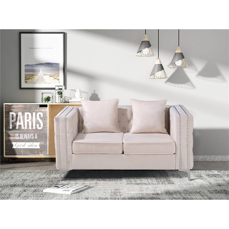 Pemberly Row Velvet Sofa Modern Loveseat with Button-Tufted & Metal Legs Beige