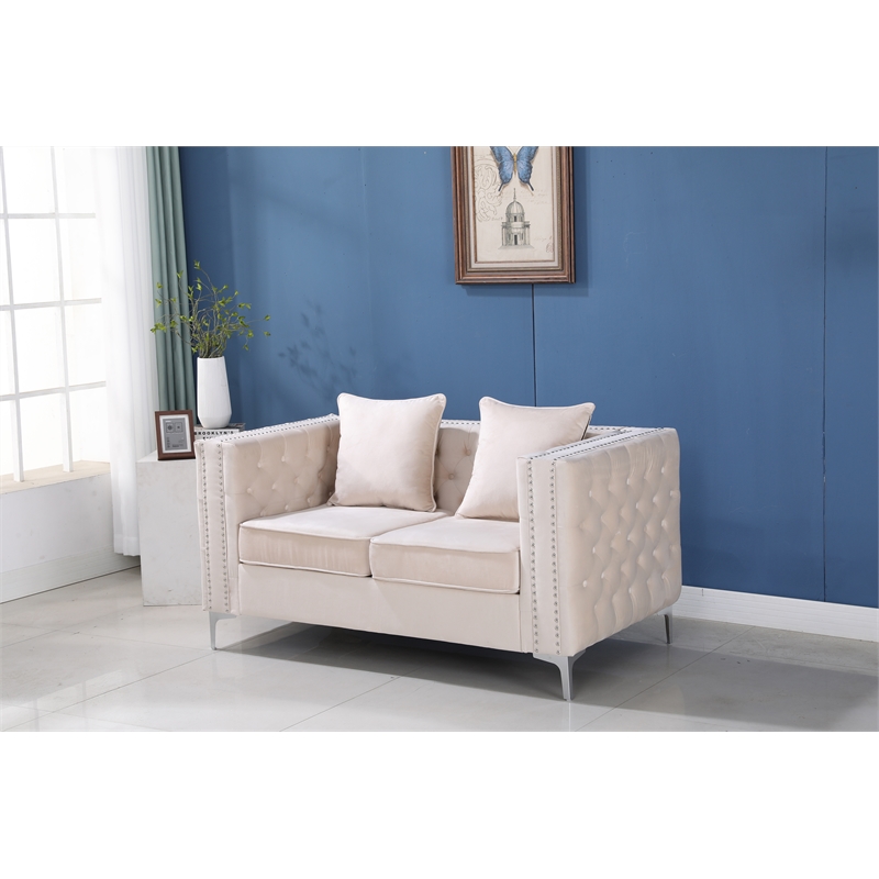 Pemberly Row Velvet Sofa Modern Loveseat with Button-Tufted & Metal Legs Beige