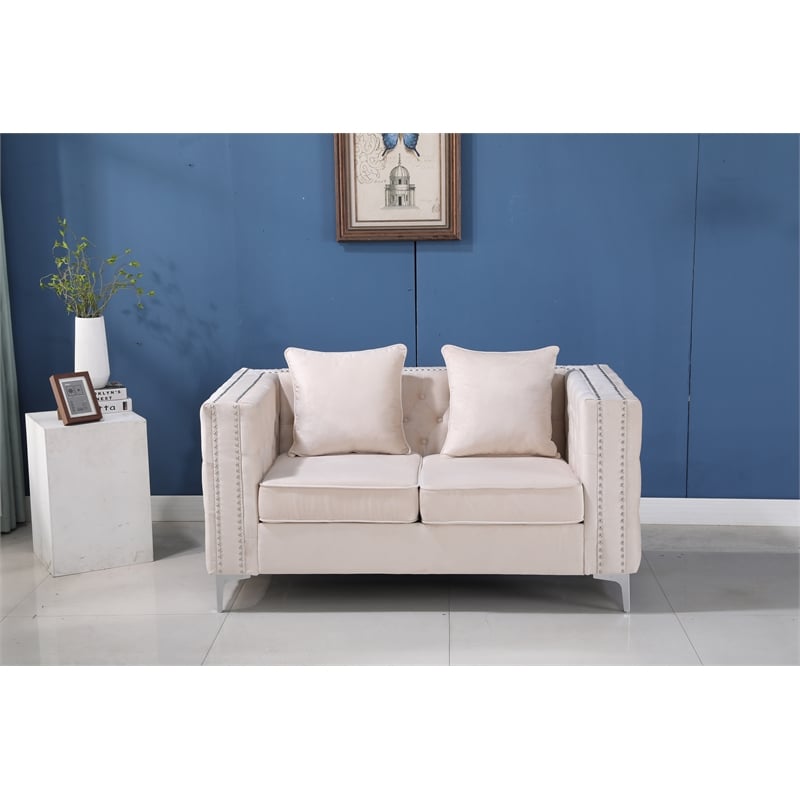 Pemberly Row Velvet Sofa Modern Loveseat with Button-Tufted & Metal Legs Beige