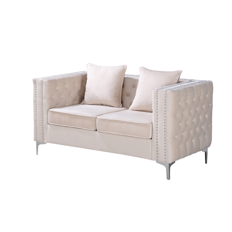 Pemberly Row Velvet Sofa Modern Loveseat with Button-Tufted & Metal Legs Beige