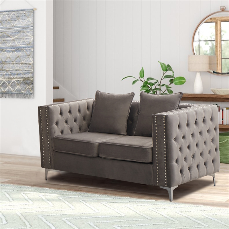 Pemberly Row Velvet Sofa Modern Loveseat with Button-Tufted & Metal Legs Gray