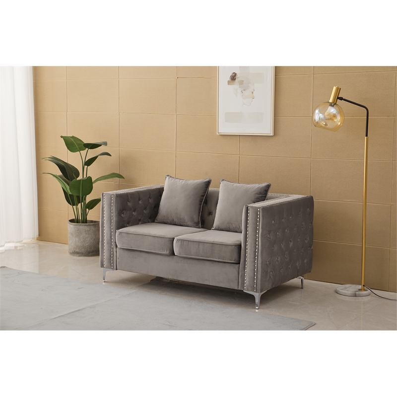 Pemberly Row Velvet Sofa Modern Loveseat with Button-Tufted & Metal Legs Gray