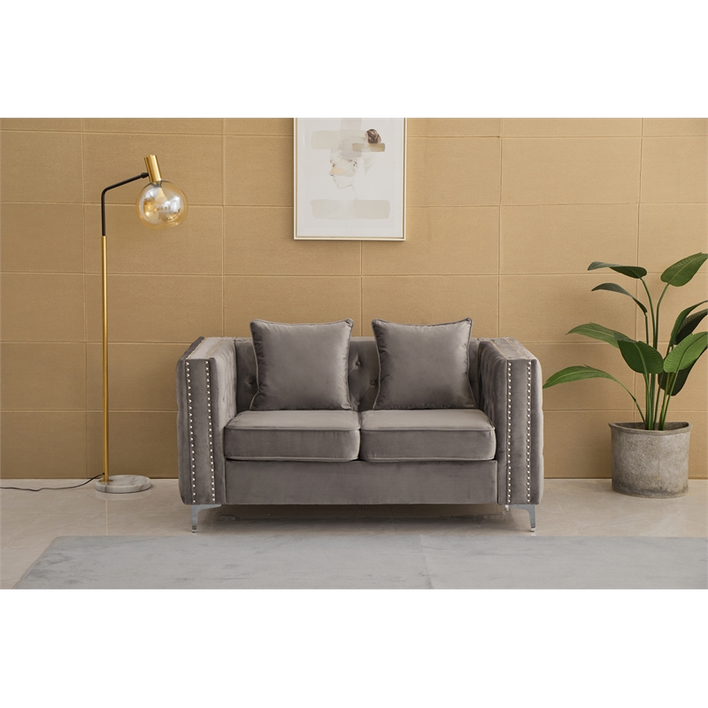 Pemberly Row Velvet Sofa Modern Loveseat with Button-Tufted & Metal Legs Gray