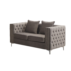 Pemberly Row Velvet Sofa Modern Loveseat with Button-Tufted & Metal Legs Gray