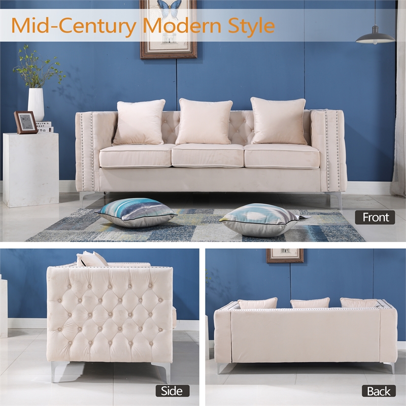 Pemberly Row Velvet Sofa Modern Couch with Button-Tufted Metal Legs Beige