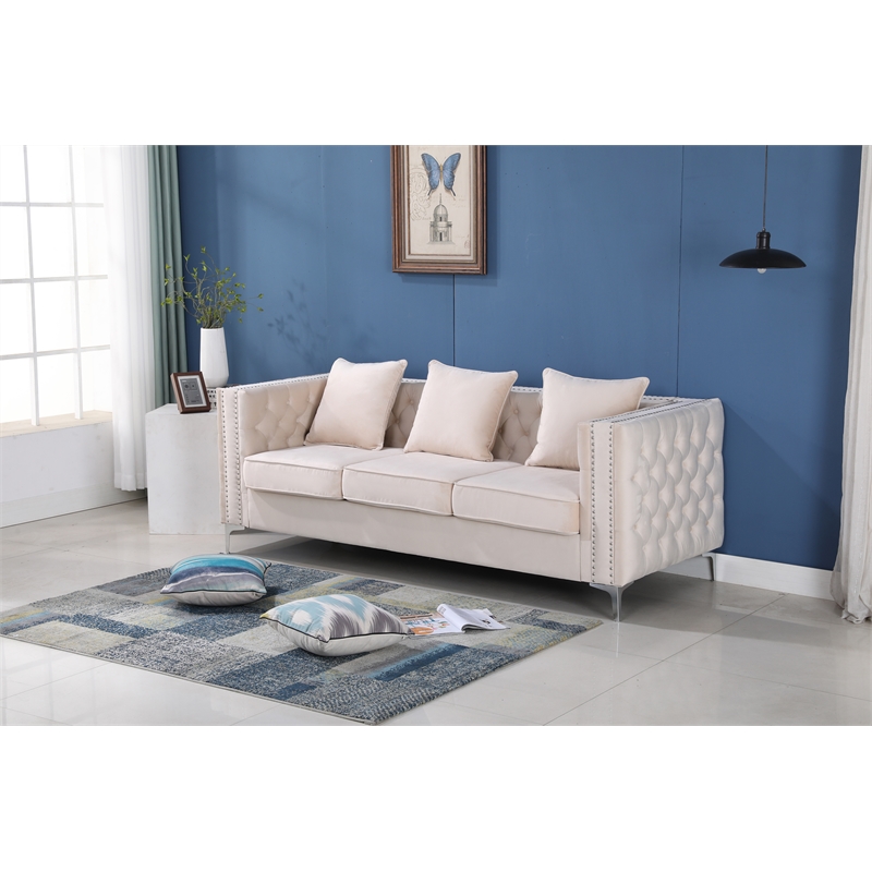 Pemberly Row Velvet Sofa Modern Couch with Button-Tufted Metal Legs Beige
