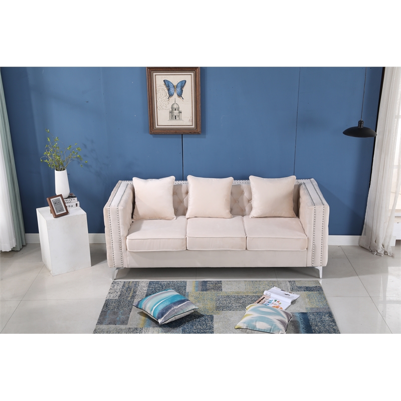 Pemberly Row Velvet Sofa Modern Couch with Button-Tufted Metal Legs Beige