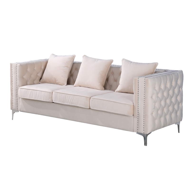 Pemberly Row Velvet Sofa Modern Couch with Button-Tufted Metal Legs Beige