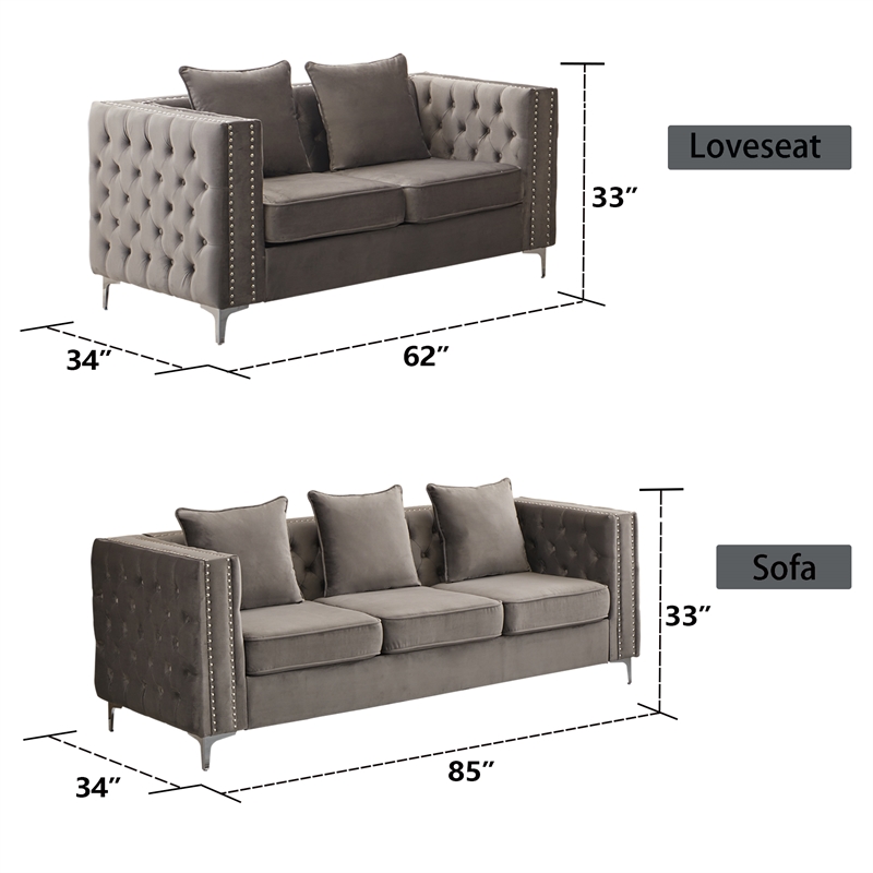 Pemberly Row Velvet Sofa Modern Couch with Button-Tufted Metal Legs Gray