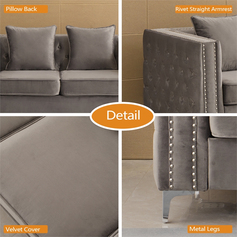 Pemberly Row Velvet Sofa Modern Couch with Button-Tufted Metal Legs Gray
