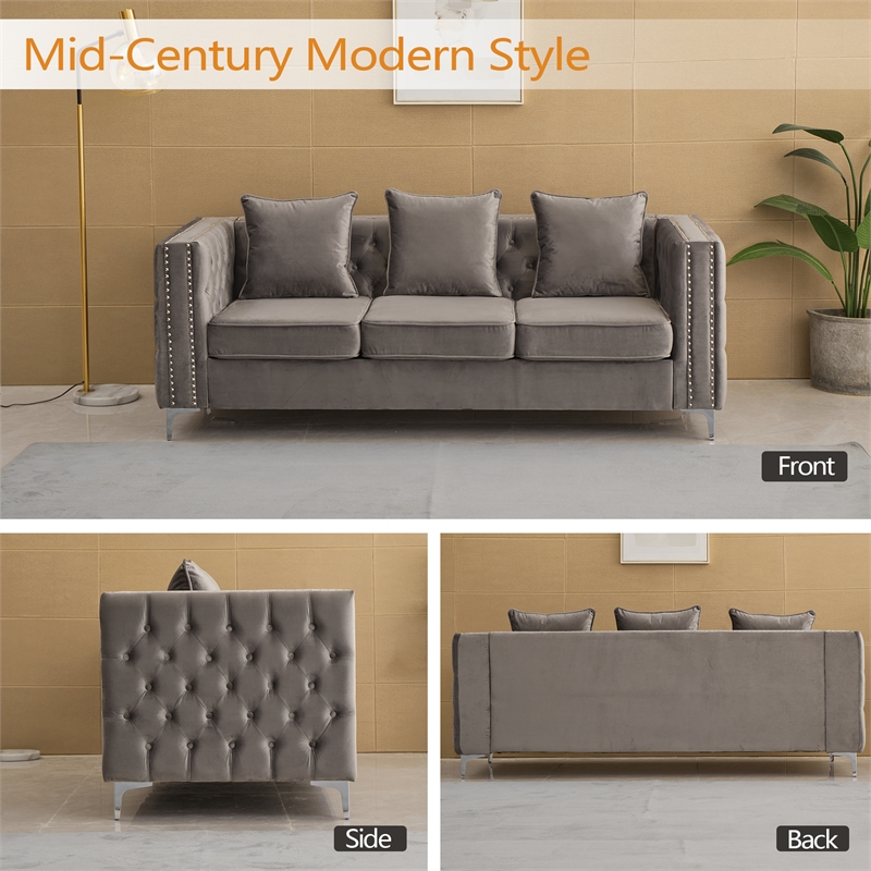 Pemberly Row Velvet Sofa Modern Couch with Button-Tufted Metal Legs Gray