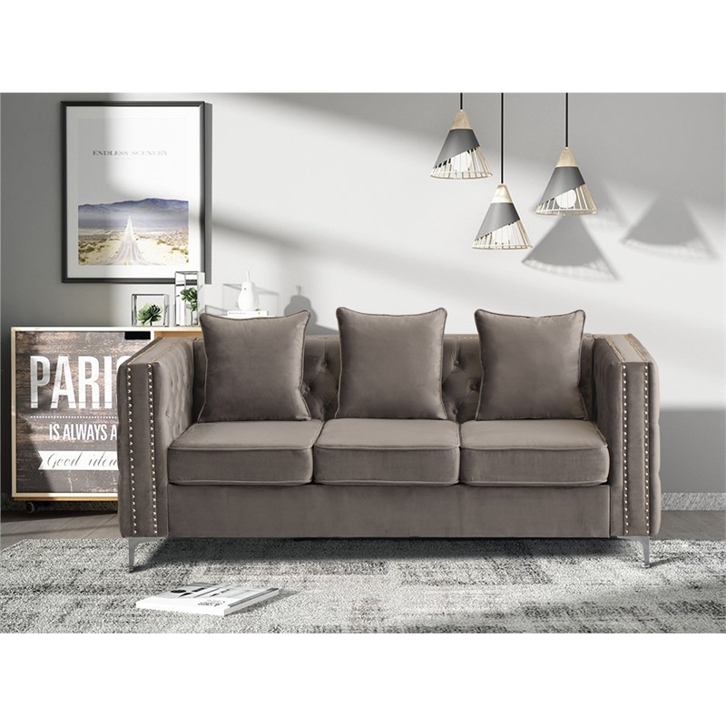 Pemberly Row Velvet Sofa Modern Couch with Button-Tufted Metal Legs Gray