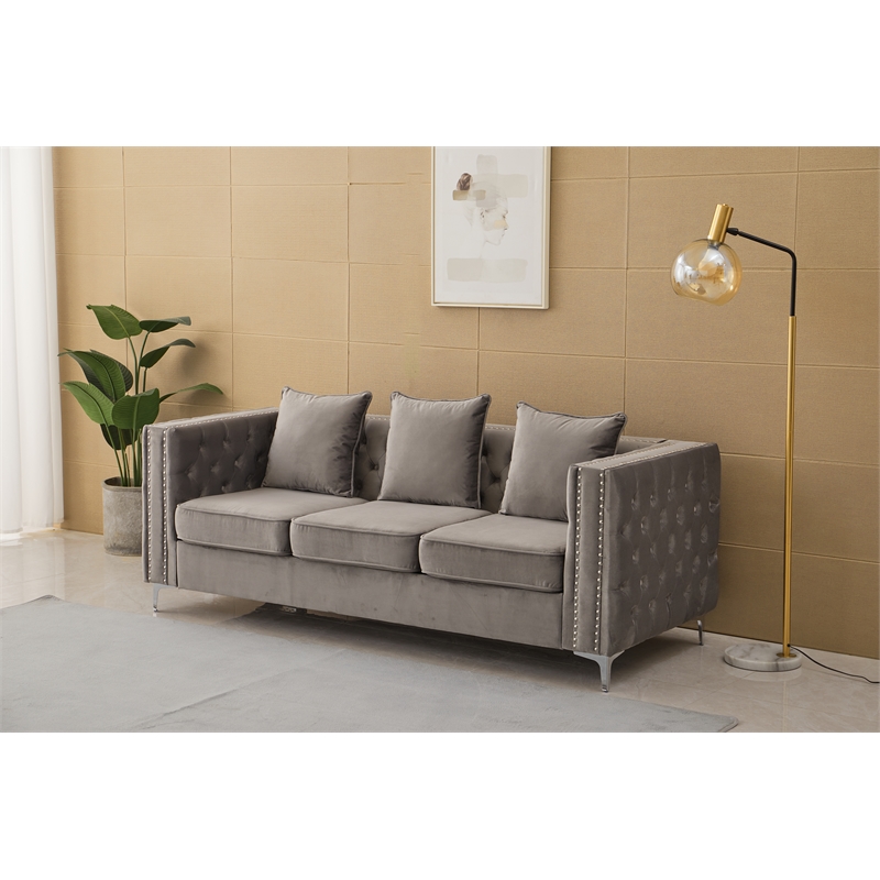 Pemberly Row Velvet Sofa Modern Couch with Button-Tufted Metal Legs Gray