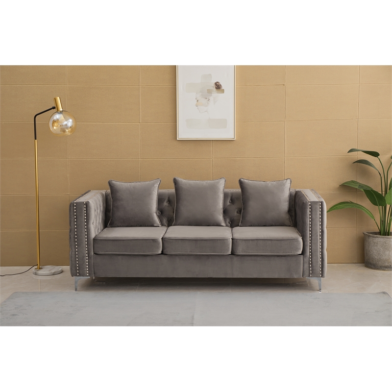 Pemberly Row Velvet Sofa Modern Couch with Button-Tufted Metal Legs Gray