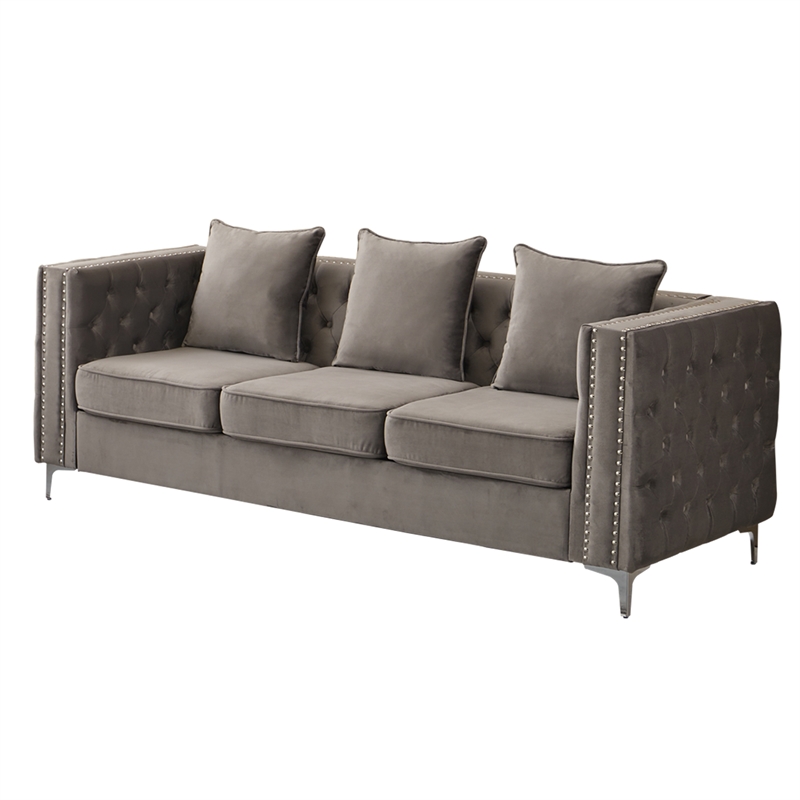 Pemberly Row Velvet Sofa Modern Couch with Button-Tufted Metal Legs Gray