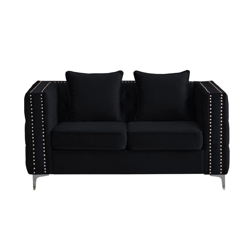 Pemberly Row Velvet Sofa Modern Loveseat with Button-Tufted & Metal Legs Black