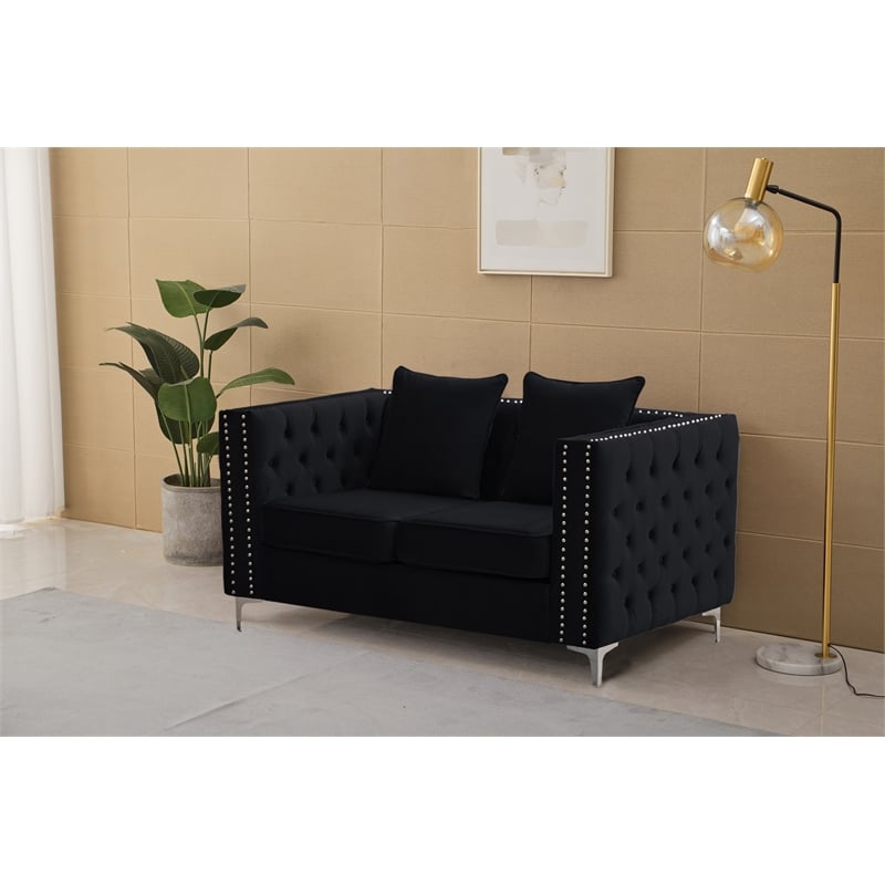 Pemberly Row Velvet Sofa Modern Loveseat with Button-Tufted & Metal Legs Black