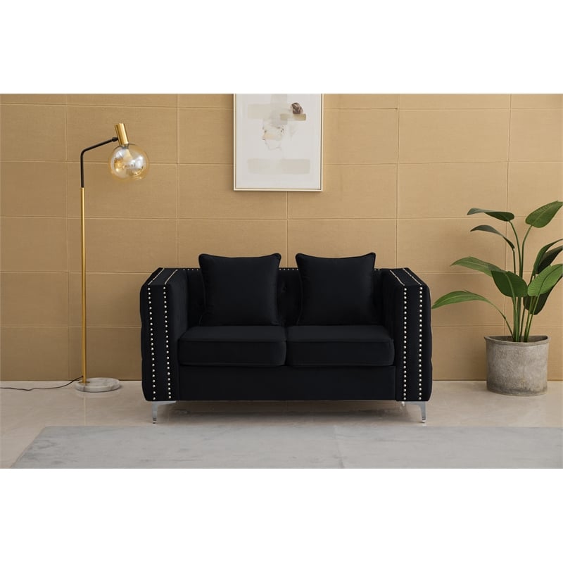 Pemberly Row Velvet Sofa Modern Loveseat with Button-Tufted & Metal Legs Black