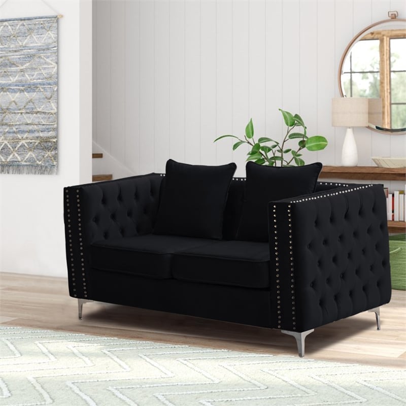 Pemberly Row Velvet Sofa Modern Loveseat with Button-Tufted & Metal Legs Black