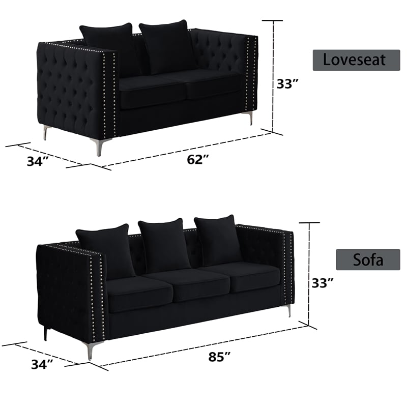 Pemberly Row Velvet Sofa Modern Loveseat with Button-Tufted & Metal Legs Black