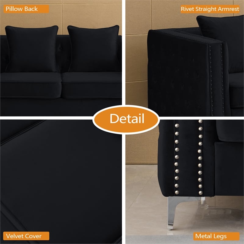 Pemberly Row Velvet Sofa Modern Loveseat with Button-Tufted & Metal Legs Black