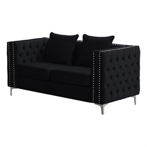 Pemberly Row Velvet Sofa Modern Loveseat with Button-Tufted & Metal Legs Black