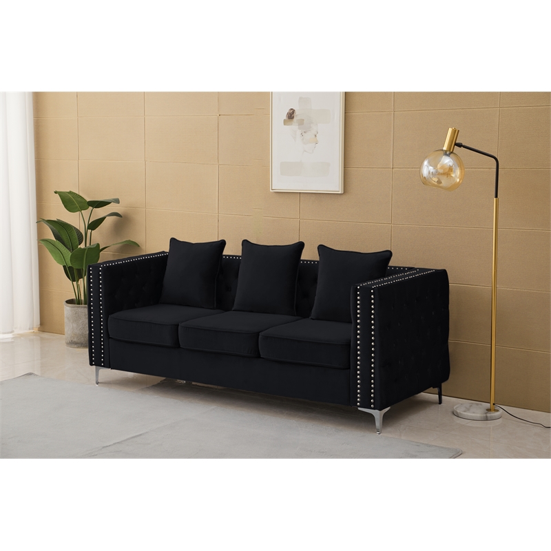 Pemberly Row Velvet Sofa Modern Couch with Button-Tufted Metal Legs Black