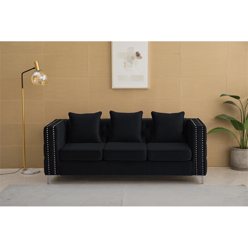 Pemberly Row Velvet Sofa Modern Couch with Button-Tufted Metal Legs Black