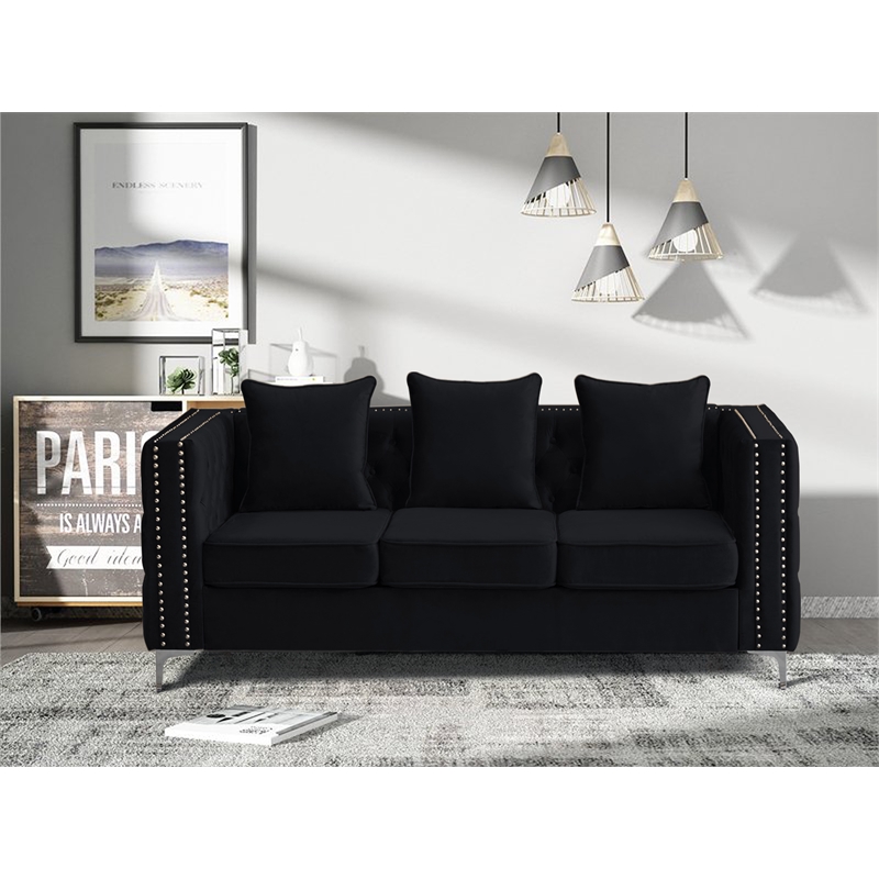 Pemberly Row Velvet Sofa Modern Couch with Button-Tufted Metal Legs Black