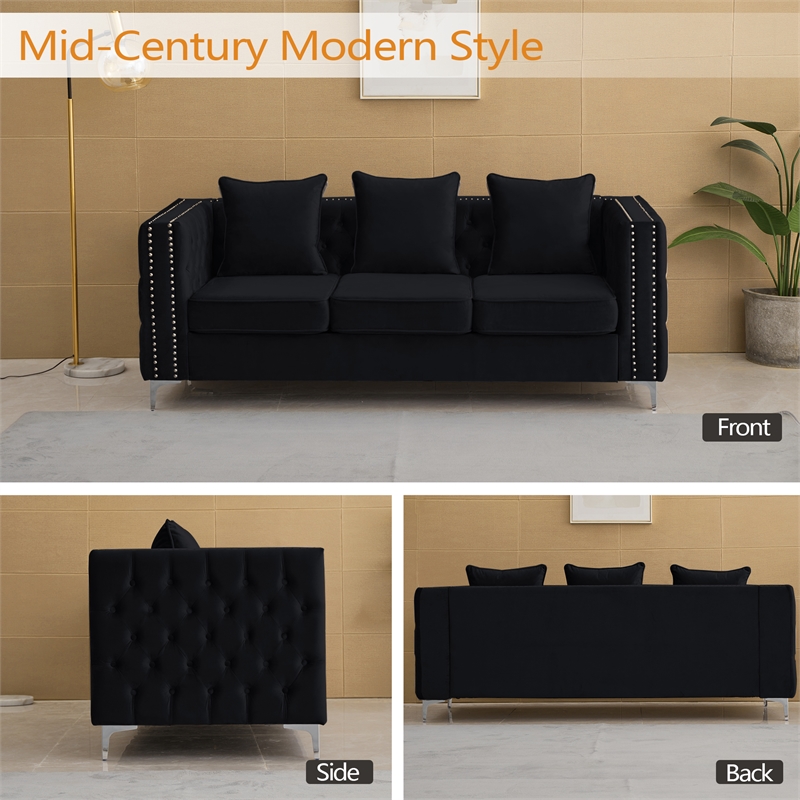 Pemberly Row Velvet Sofa Modern Couch with Button-Tufted Metal Legs Black