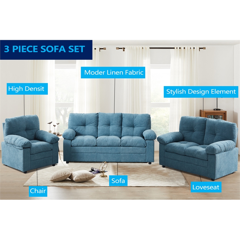 Pemberly Row 3 Piece Sofa Set Linen Recliner Chair & Loveseat & Sofa - Blue