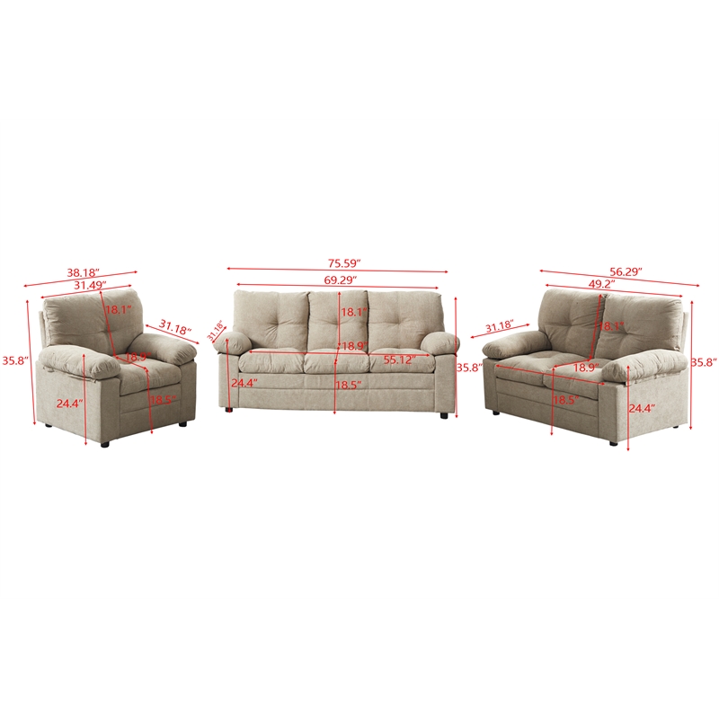 Pemberly Row 3 Piece Sofa Set Linen Recliner Chair&Loveseat&Sofa-Light Camel