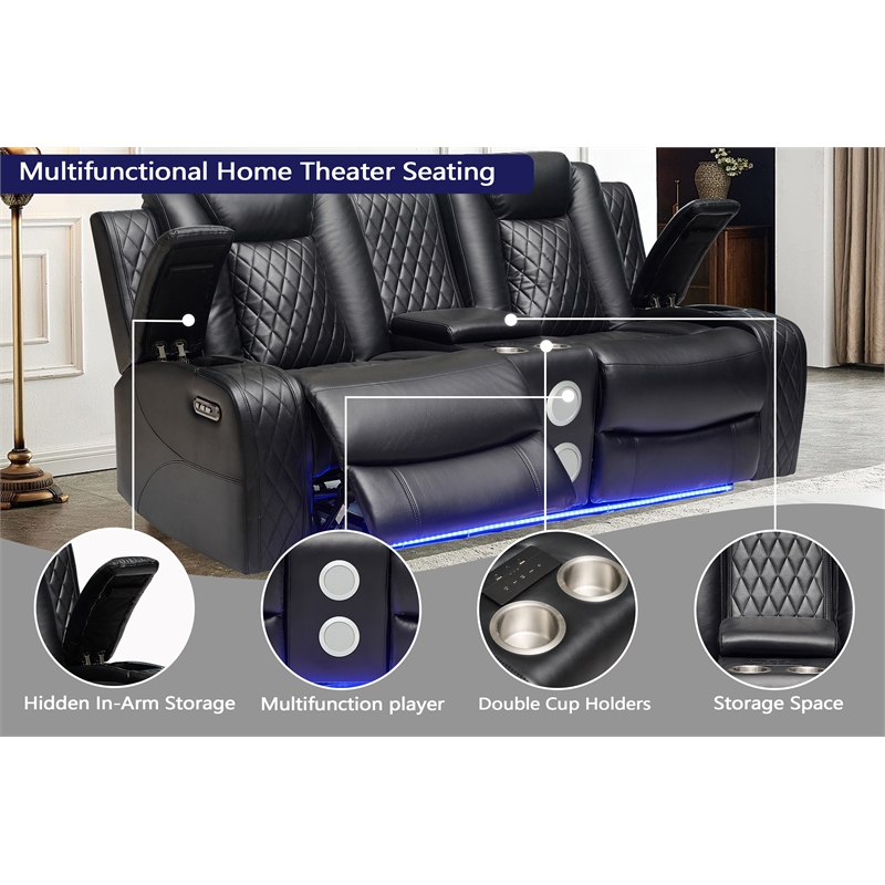 Pemberly Row PU Leather 3 Pcs Power Reclining Multi-functional Sofa Set - Black