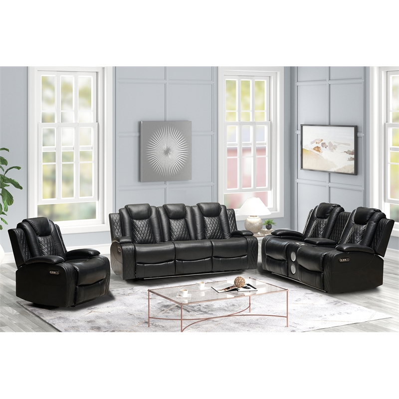 Pemberly Row PU Leather 3 Pcs Power Reclining Multi-functional Sofa Set - Black