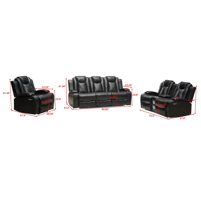 Pemberly Row PU Leather 3 Pcs Power Reclining Multi-functional Sofa Set - Black
