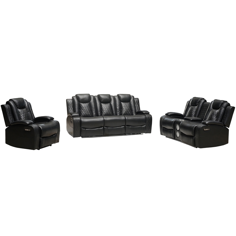 Pemberly Row PU Leather 3 Pcs Power Reclining Multi-functional Sofa Set - Black