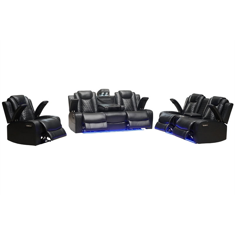 Pemberly Row PU Leather 3 Pcs Power Reclining Multi-functional Sofa Set - Black