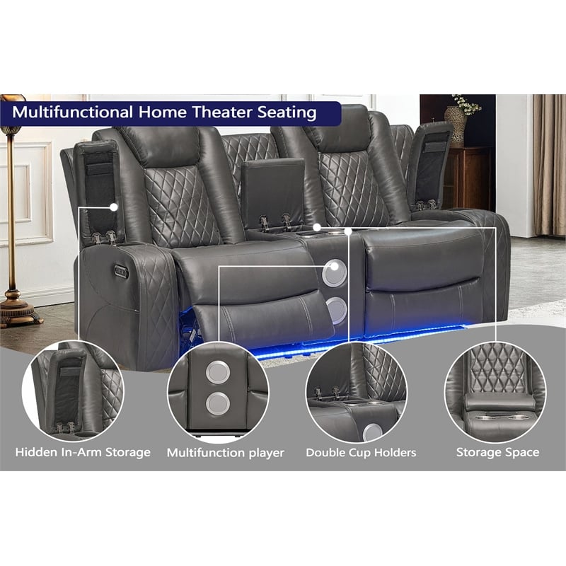 Pemberly Row PU Leather 3 Pcs Power Reclining Multi-functional Sofa Set - Gray