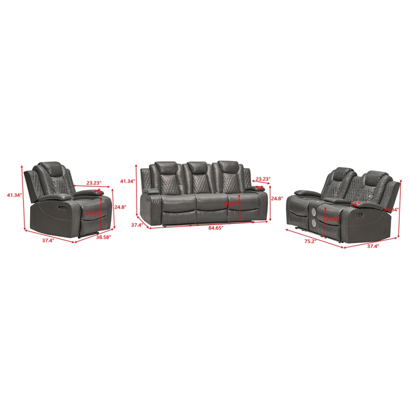 Pemberly Row PU Leather 3 Pcs Power Reclining Multi-functional Sofa Set - Gray
