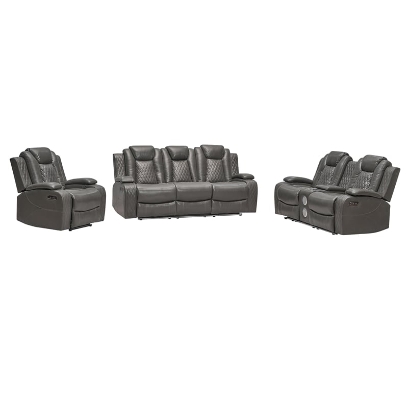 Pemberly Row PU Leather 3 Pcs Power Reclining Multi-functional Sofa Set - Gray