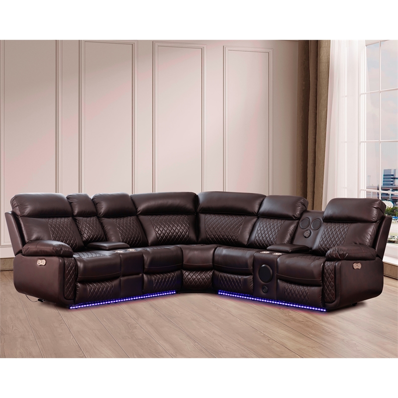Pemberly Row PU Leather Modern Sofa Power Reclining Multi-Functional Couch-Brown