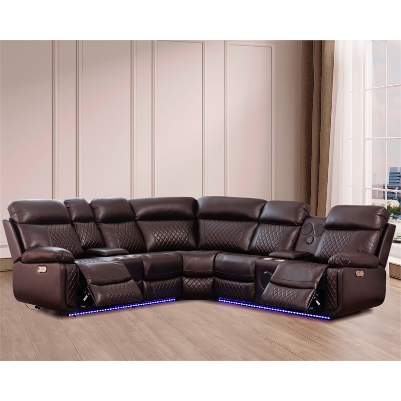 Pemberly Row PU Leather Modern Sofa Power Reclining Multi-Functional Couch-Brown