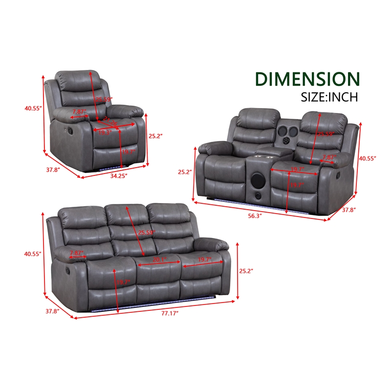 Pemberly Row PU Leather Multi Functional Sofa Set Reclining Living Room Set Gray