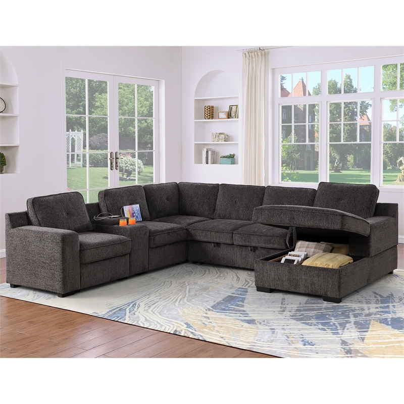 Pemberly Row Chenille Sofa Pull out Sofabed & Multifunctional Console-Brown