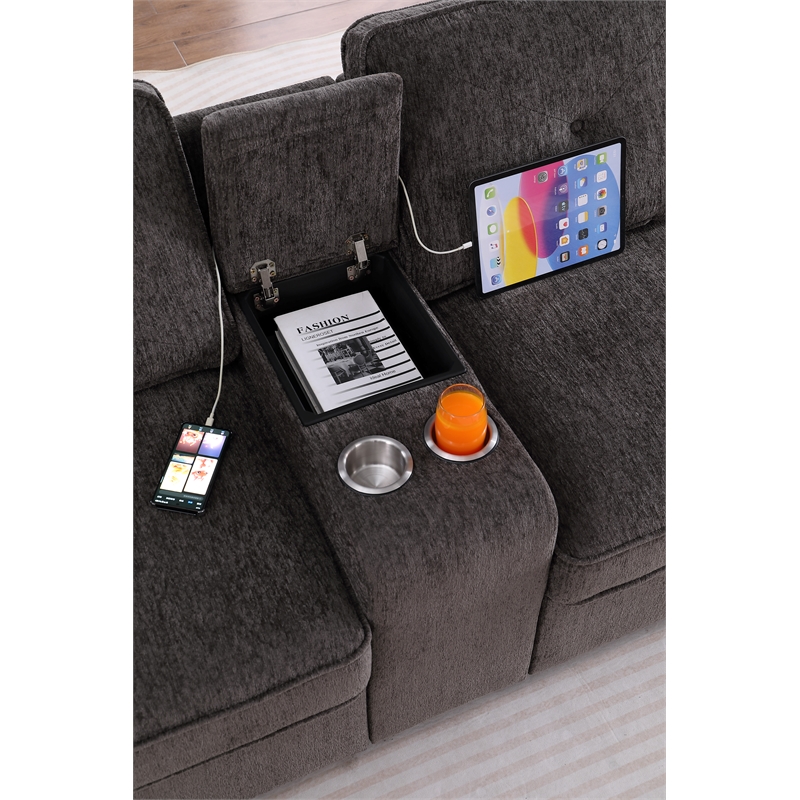 Pemberly Row Chenille Sofa Pull out Sofabed & Multifunctional Console-Brown