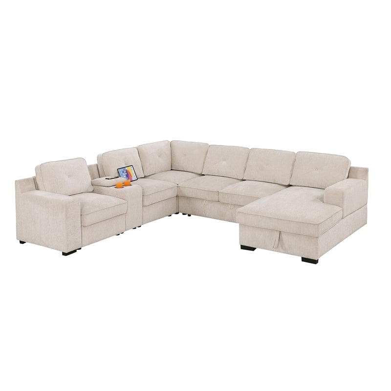 Pemberly Row Chenille Sofa Pull out Sofabed & Multifunctional Console-Beige