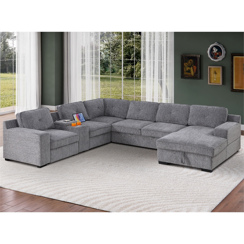 Pemberly Row Chenille Sofa Pull out Sofabed & Multifunctional Console-Gray