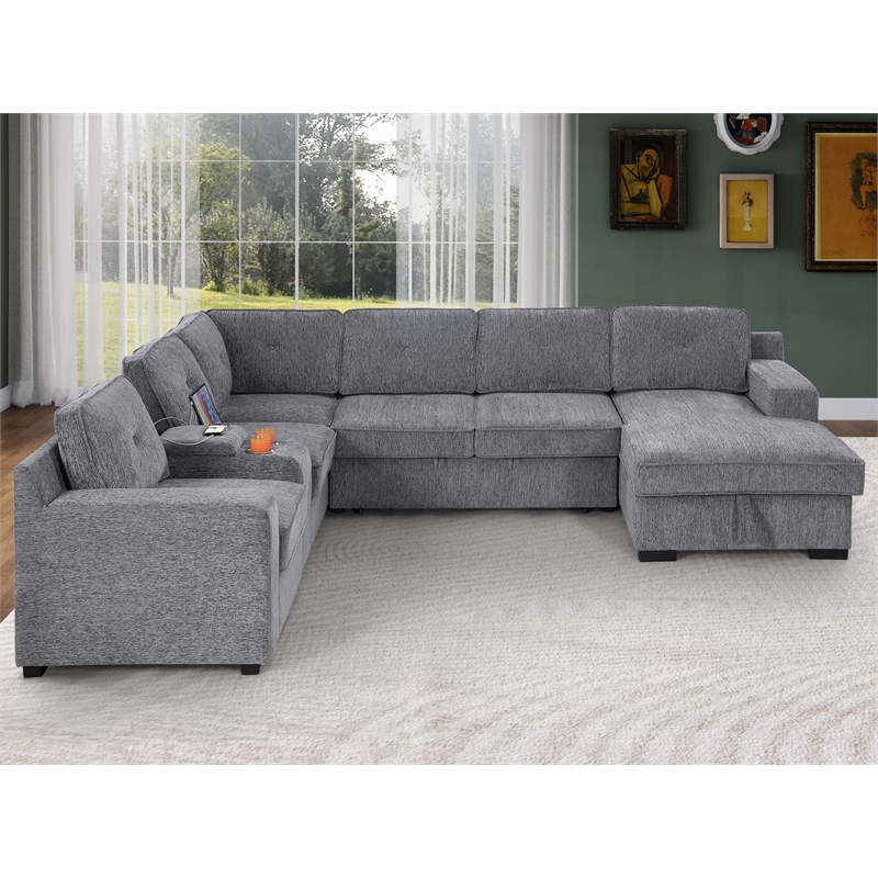 Pemberly Row Chenille Sofa Pull out Sofabed & Multifunctional Console-Gray