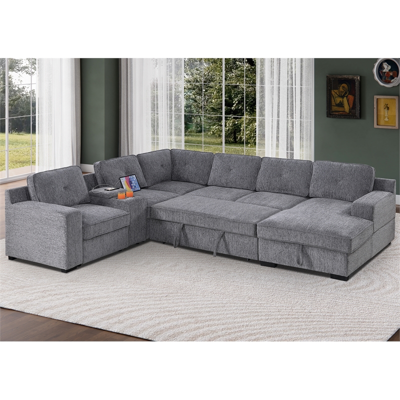 Pemberly Row Chenille Sofa Pull out Sofabed & Multifunctional Console-Gray