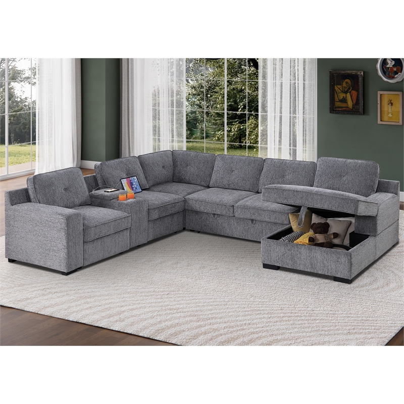 Pemberly Row Chenille Sofa Pull out Sofabed & Multifunctional Console-Gray
